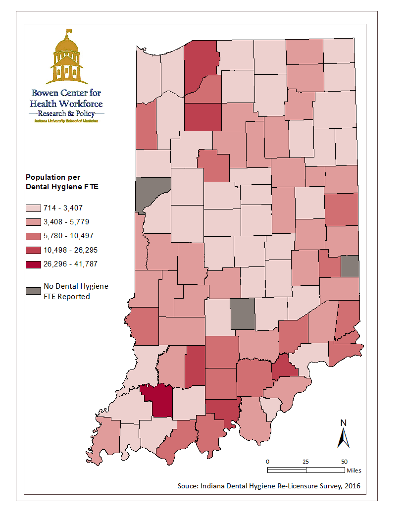 This map illustrates the geographic distribution of Indiana’s dental hygiene workforce by mapping the population to dental hygienist full-time equivalency ratio calculated from data collected during the 2016 Indiana dental hygiene renewal process. Source: Oral Health Data Report 2016