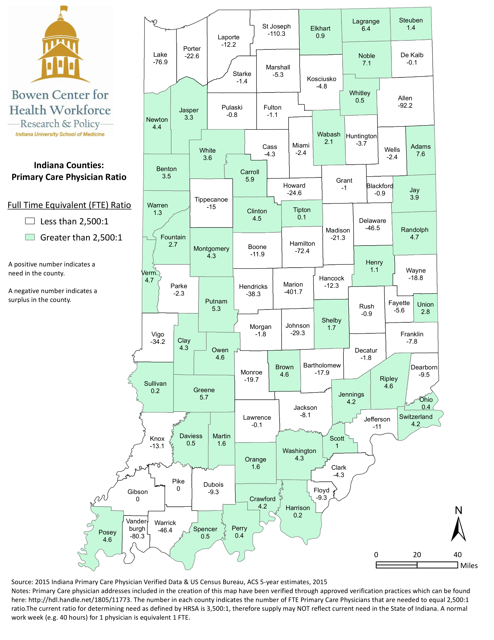 This map illustrates the geographic distribution of Indiana’s primary care physician workforce by mapping the population to primary care physician full time equivalency ratio calculated from data collected during the 2015 Indiana physician renewal process. Source: IUSM PC Scholarship Ad Hoc