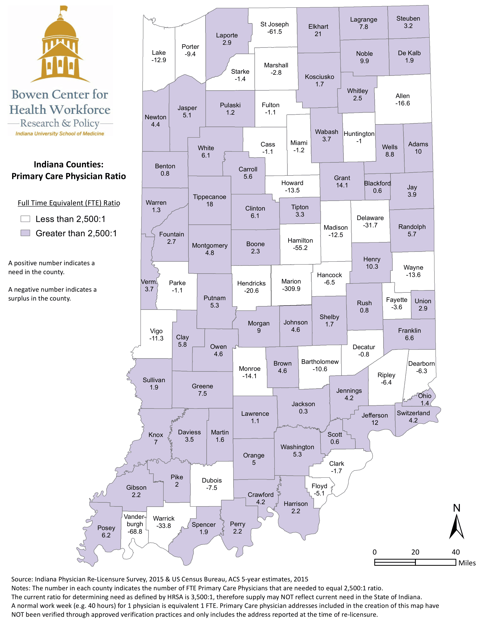 This map illustrates the geographic distribution of Indiana’s primary care physician workforce by mapping the population to primary care physician full time equivalency ratio calculated from data collected during the 2015 Indiana physician renewal process. Source: IUSM PC Scholarship Ad Hoc