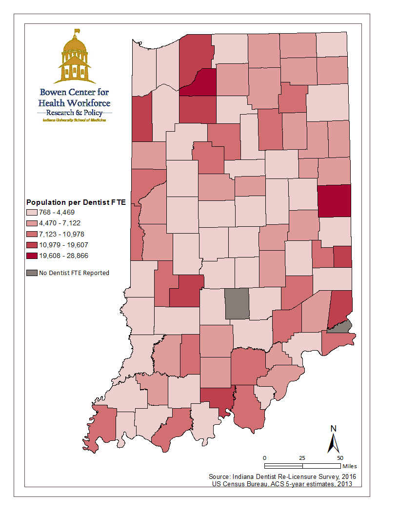 This map illustrates the geographic distribution of Indiana’s dentist workforce by mapping the population to dentist full time equivalency ratio calculated from data collected during the 2016 Indiana dentist renewal process. Source: Oral Health Data Report 2016