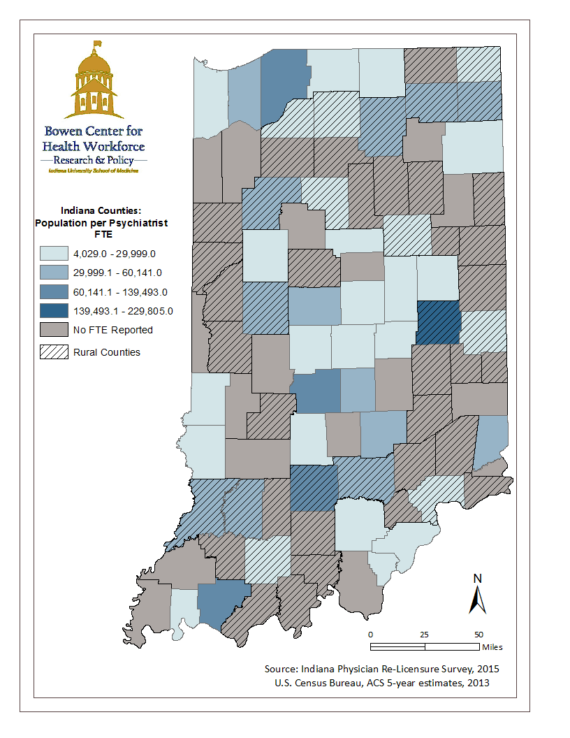 This map illustrates the geographic distribution of Indiana’s psychiatrist workforce by mapping the population to psychiatrist full time equivalency ratio calculated from data collected during the 2015 Indiana physician renewal process. This map also highlights urban and rural counties in Indiana.