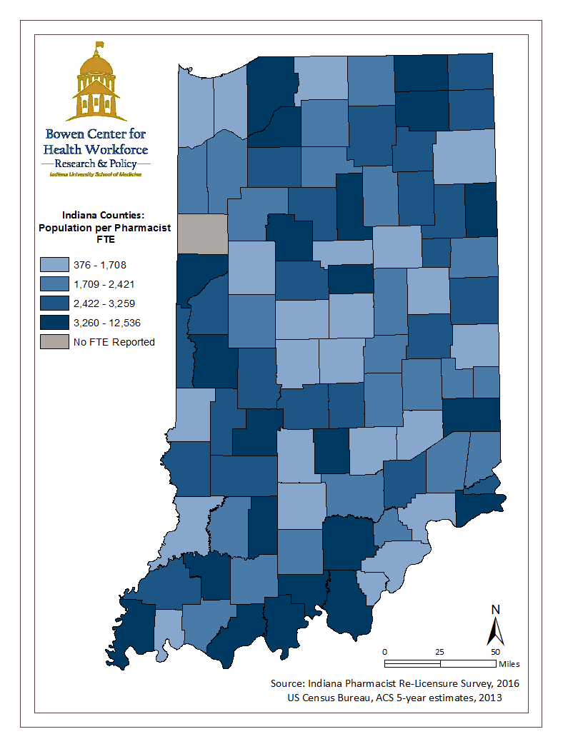 This map illustrates the geographic distribution of Indiana’s pharmacist workforce by mapping the population to pharmacist full time equivalency ratio calculated from data collected during the 2016 Indiana pharmacist renewal process. Source: Pharmacist Data Report 2017