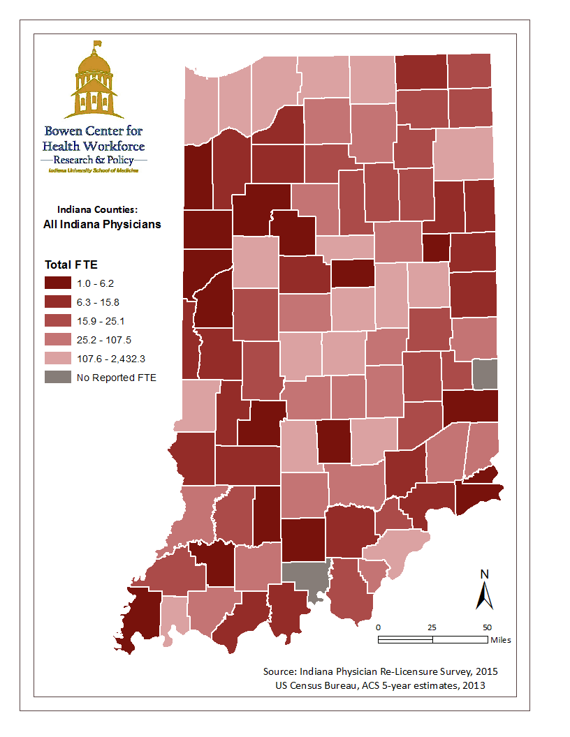This map illustrates the geographic distribution of Indiana’s physician workforce by mapping physician full time equivalency calculated from data collected during the 2015 Indiana physician renewal process.