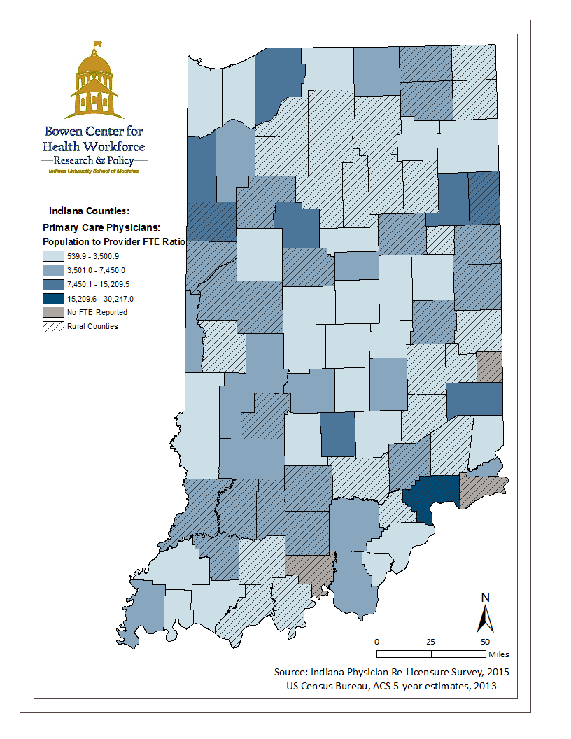 This map illustrates the geographic distribution of Indiana’s physician workforce by mapping the population to physician full time equivalency ratio calculated from data collected during the 2015 Indiana physician renewal process. This map also highlights urban and rural counties in Indiana. Source: Primary Care Policy Report 2017