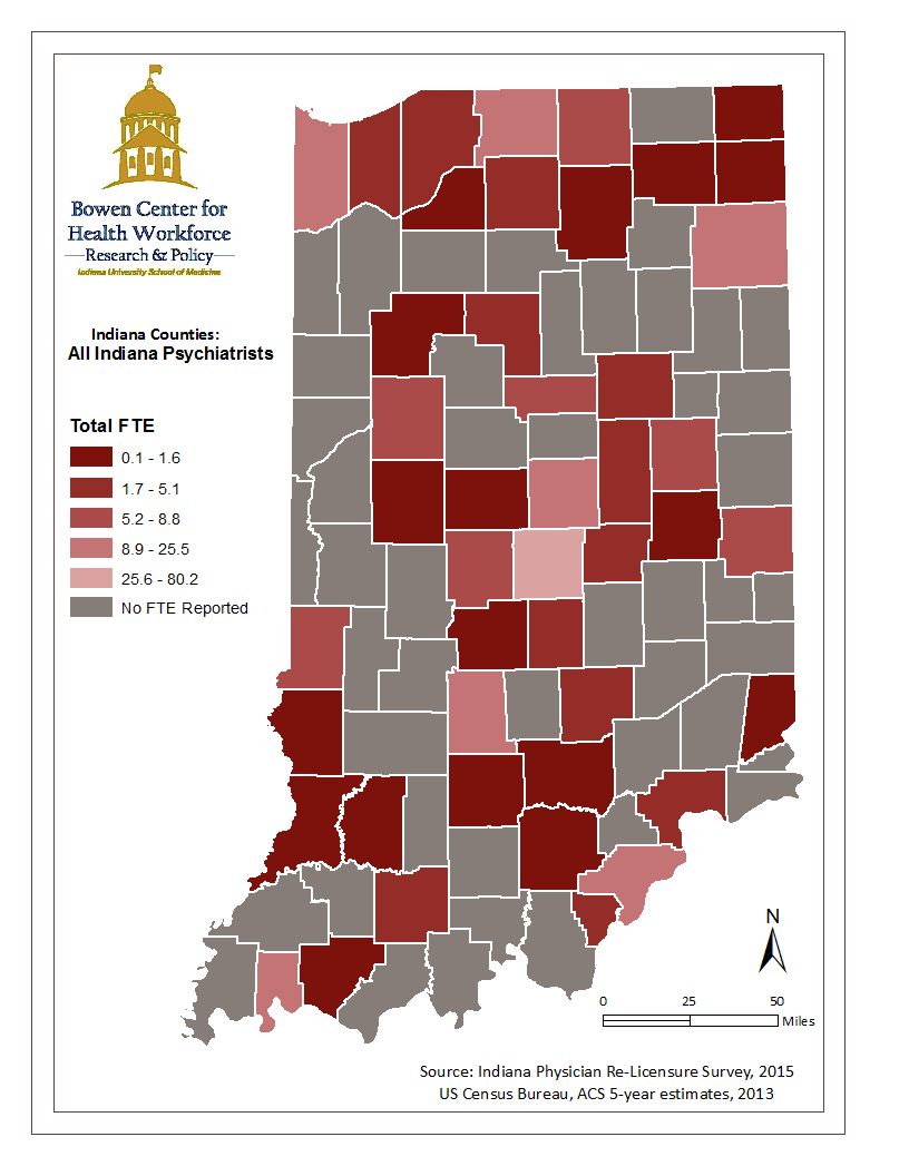 This map illustrates the geographic distribution of Indiana’s psychiatrist workforce by mapping the psychiatrist full time equivalency calculated from data collected during the 2015 Indiana physician renewal process.