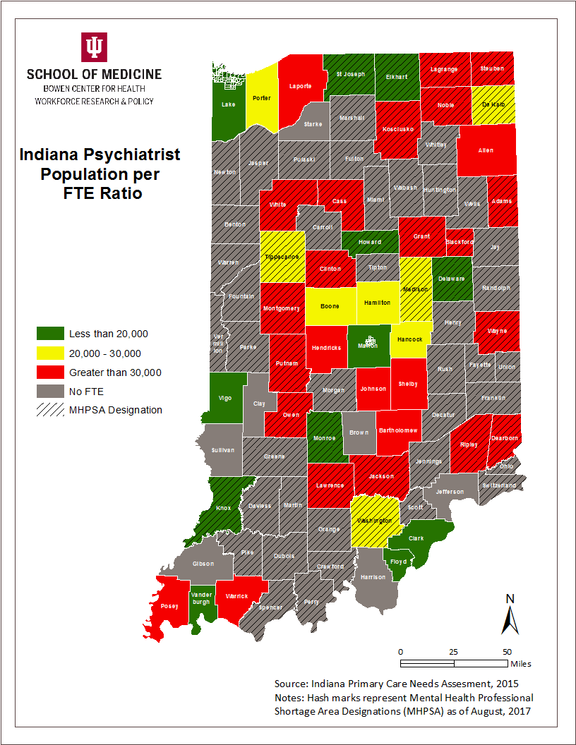 This map illustrates the geographic distribution of Indiana’s dentist workforce by mapping the population to dentist full time equivalency ratio calculated from data collected during the 2016 Indiana dentist renewal process. This map also highlights urban and rural counties in Indiana. Source: Dental Policy Report 2017