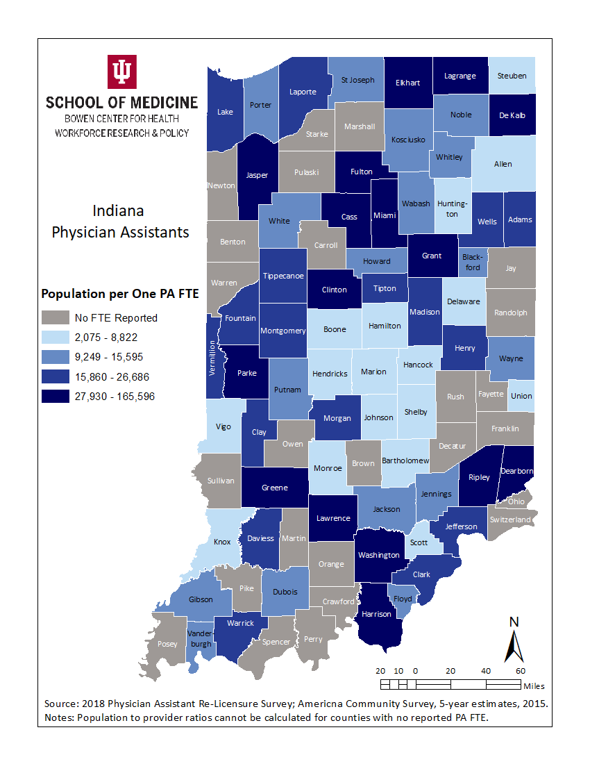 This map illustrates the geographic distribution of Indiana’s physician assistant workforce by mapping the population to physician assistant full time equivalency ratio calculated from data collected during the 2016 Indiana physician assistant renewal process. Source: Physician Assistant Data Report
